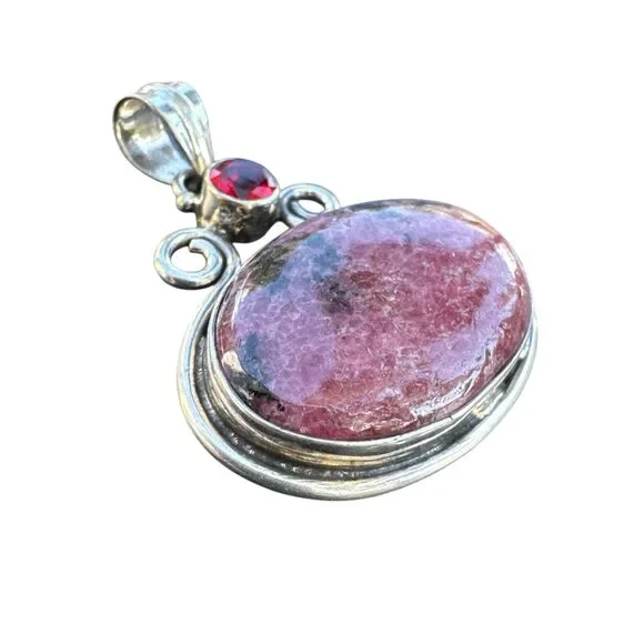 Rhodonite & Garnet Solid 925 Sterling Silver Pendant - Picture 2 of 3